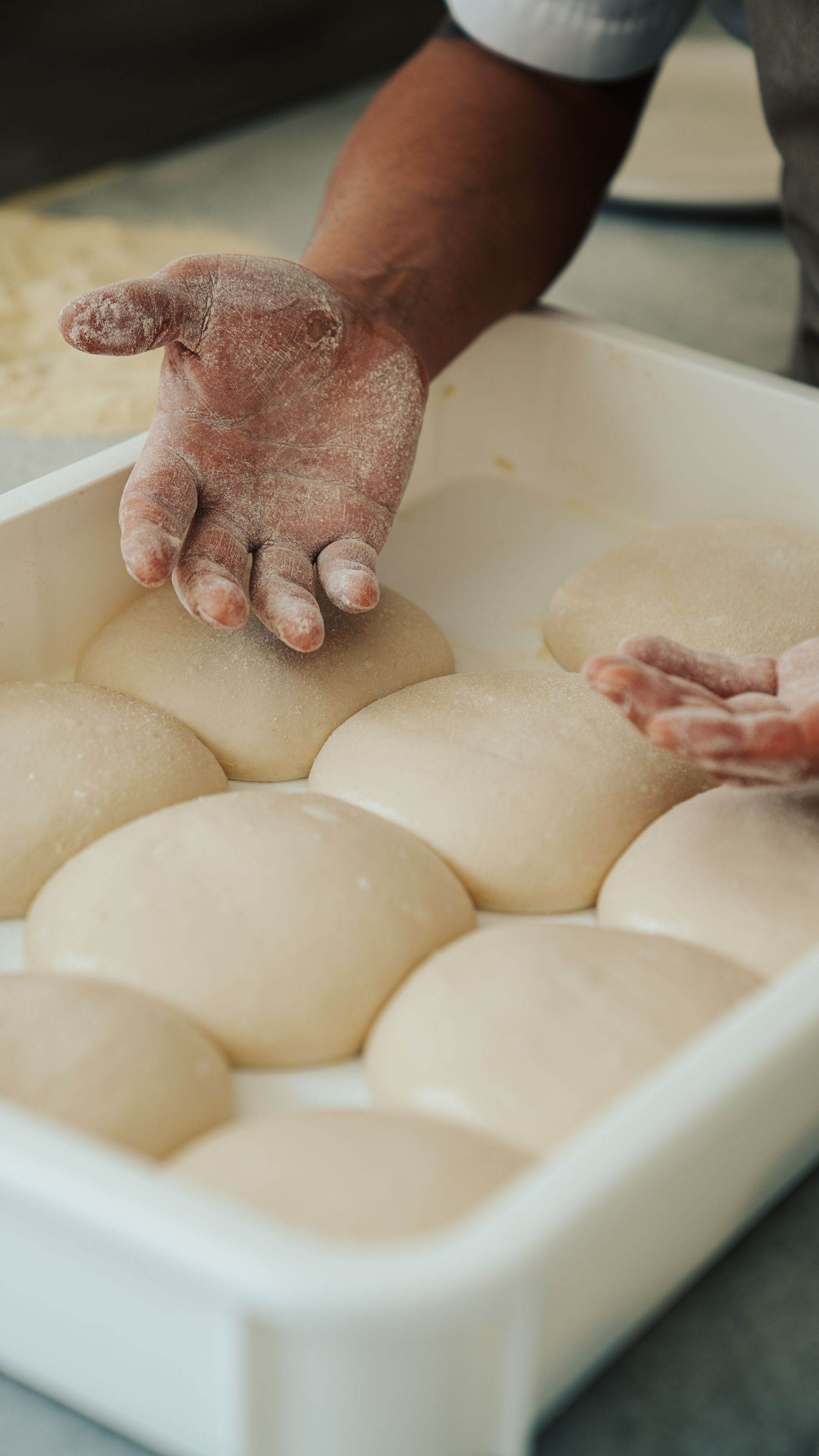 Rounded pieces of dough resting on a tray.